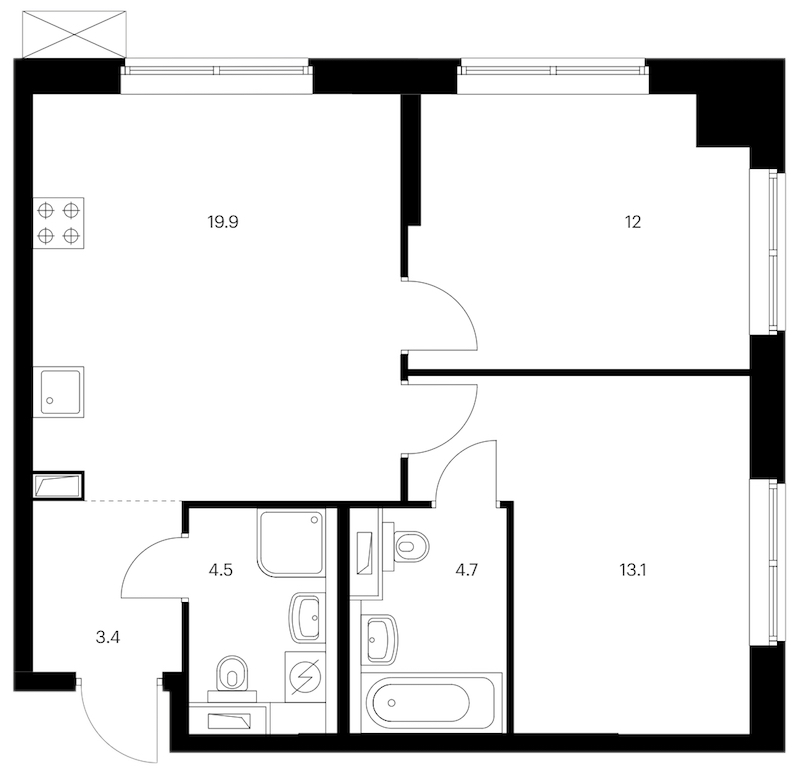 2-комнатная квартира 57.6 м², 12/12 эт., ЖК «Шкиперский 19»